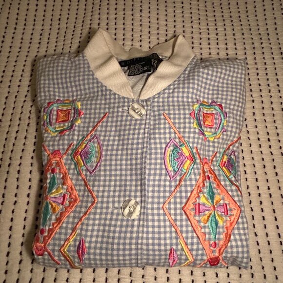 Vintage Women’s IB Diffusion Embroidered Gingham Button-Up – Artsy 80s/90s Style - Picture 2 of 8